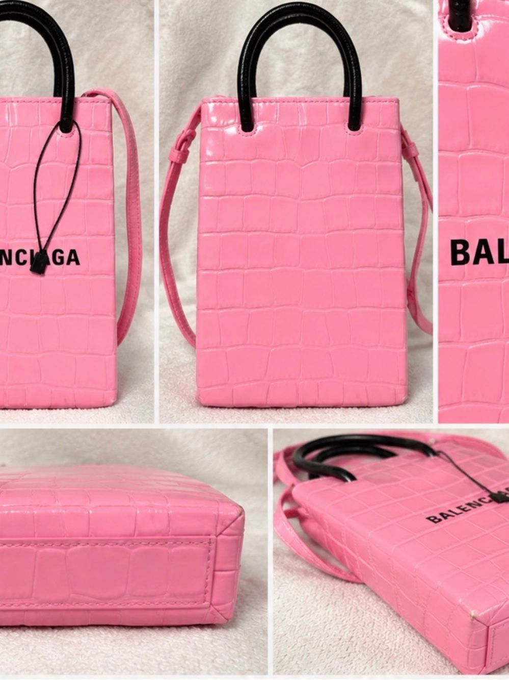 Balenciaga Pink Croc-Embossed Mini Tote with Black Handles